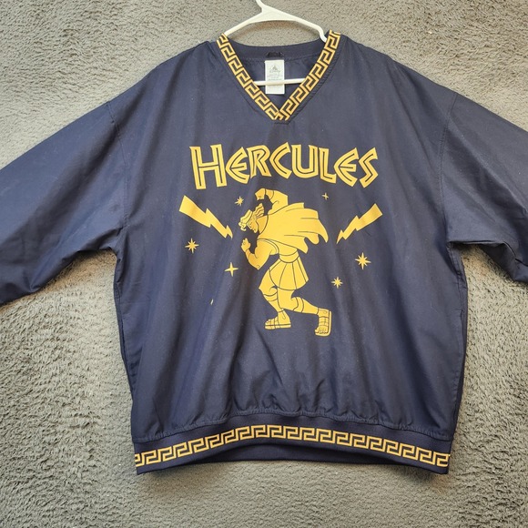 Disney Hercules Jacket Mens Large Blue V-Neck Pullover Windbreaker Greek Key - Picture 1 of 8